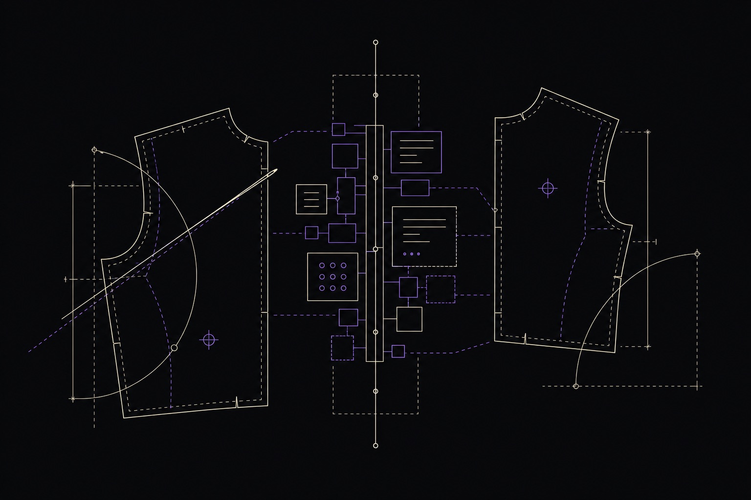 Tailoring-pattern blueprint merging garment pieces with dealership data-system architecture